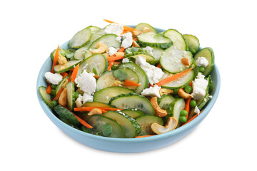 Bowl of delicious cucumber salad isolated on white