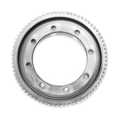 Stainless steel gear on white background, top view