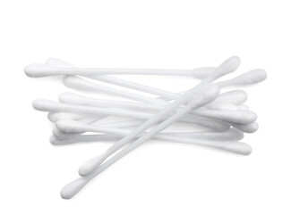 Plastic cotton buds on white background, top view