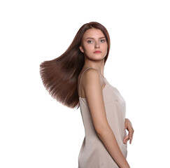 Naklejka premium Portrait of beautiful young woman with healthy strong hair on white background