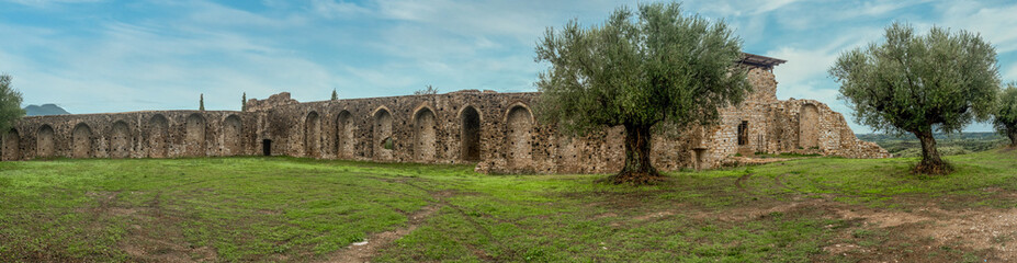 Fototapeta na wymiar Panoramic view of ruined medieval castle Androusa near Kalamata Greece with two towers and olive trees