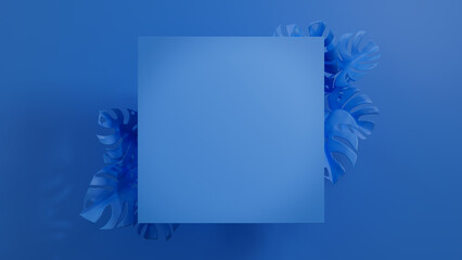 Square Botanical Frame with Monstera Plant Border. Blue, Contemporary Design with copy-space.
