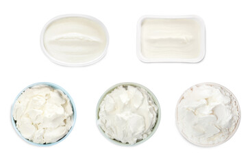 Set with tasty cream cheese on white background, top view