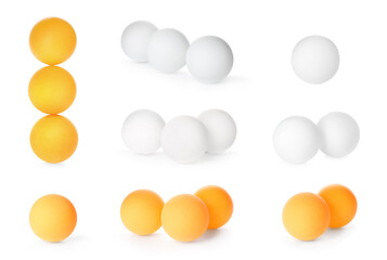 Set with ping pong balls on white background