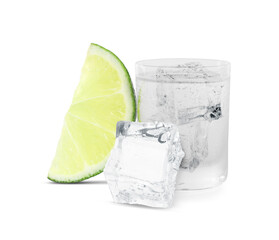 Shot of vodka with ice and lime on white background