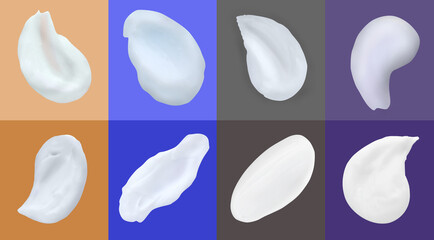 Set with smears of body creams on different color backgrounds. Banner design