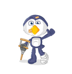 penguin sick with limping stick. cartoon mascot vector
