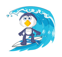 penguin surfing character. cartoon mascot vector