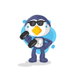 penguin lifting dumbbell vector. cartoon character