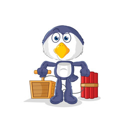 penguin holding dynamite detonator. cartoon mascot vector