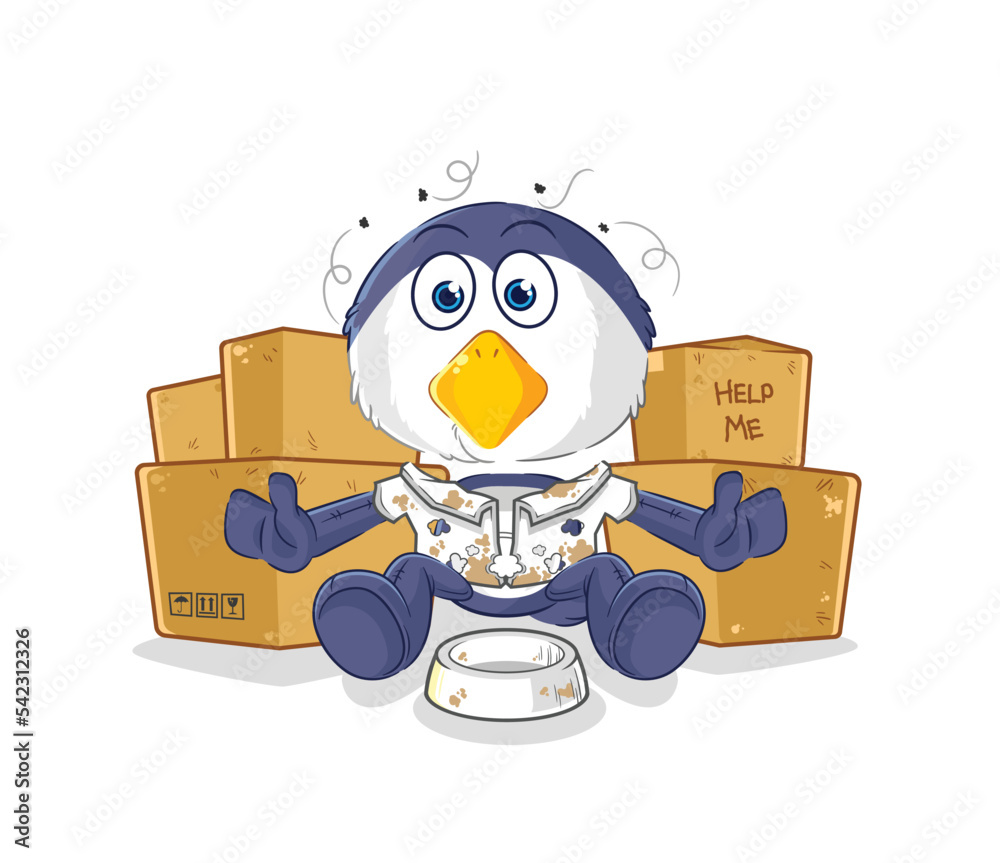 Sticker penguin homeless character. cartoon mascot vector