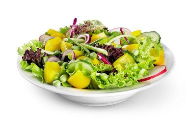Close-up photo of fresh salad with vegetables in white plate