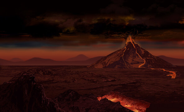 Villains Lair Of Volcano Eruption With Dark Sky Background Digital Illustration