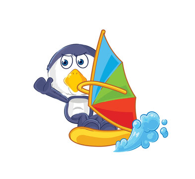 penguin windsurfing character. mascot vector
