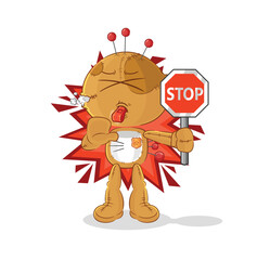 voodoo doll holding stop sign. cartoon mascot vector