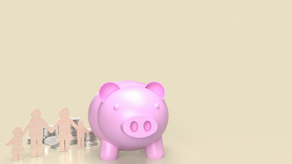 pink piggy bank and family wood cut 3d rendering