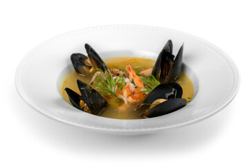 Tasty mussel soup on white background