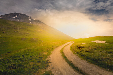 Col de l'Iseran an mountain road pass landscape: french alps in Vanoise, France