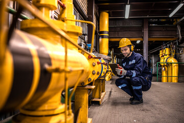 Industrial technician checking gas pipeline installations inside refinery.