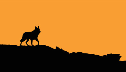 wolf silhouette on mountain on orange background. Vector illustration.