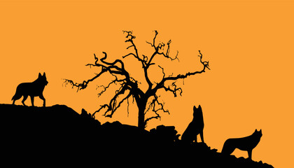 Fototapeta na wymiar wolf silhouette on mountain on orange background. Vector illustration.