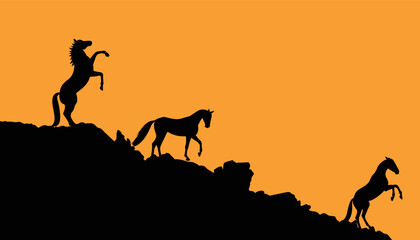 Black horse silhouette on mountain on orange background. Vector illustration.