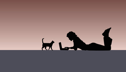 Black silhouette of a woman lying playing with a cat on a yellow background. Vector illustration.