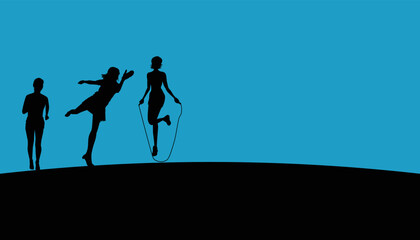 Fototapeta na wymiar Black silhouettes of women in various exercise poses on blue background. Vector illustration.