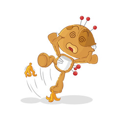 voodoo doll slipped on banana. cartoon mascot vector