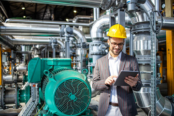 Power plant engineer standing by gas engines inside energy production factory and checking results...