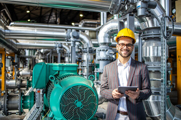 Portrait of power plant engineer standing by gas engines inside energy production factory and...