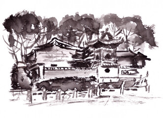 buddhist monastery, chinese painting, travel sketch on white background