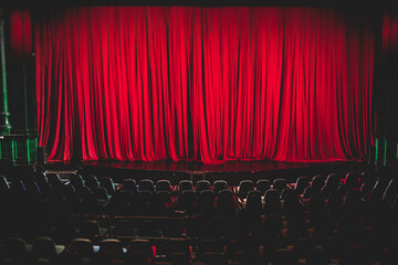 Stage with velvet red curtain in theater cinema, empty old-fashioned elegant theatre wooden stage...