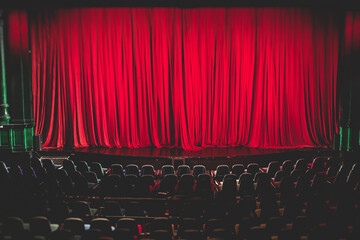 Stage with velvet red curtain in theater cinema, empty old-fashioned elegant theatre wooden stage...