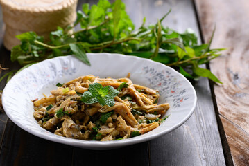 Northern Thai food (Yum Nor Mai), Spicy bamboo shoot salad eating with fresh vegetables, Local Thai food