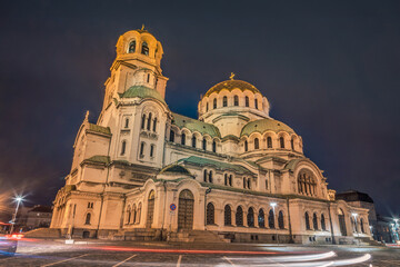 Fototapeta na wymiar St Alexander Nevski Cathedral in Sofia illuminated at night, Bulgaria