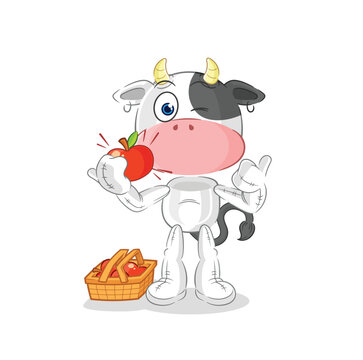 Cow Eating An Apple Illustration. Character Vector