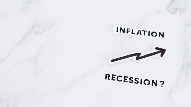 inflation with arrow going up and recession texts with question mark underneath, economic issues after the pandemic