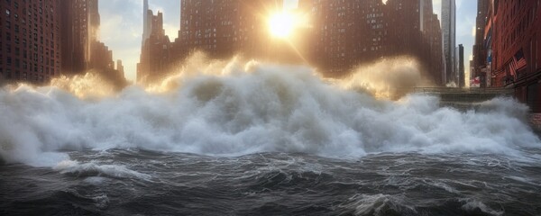 Tsunami wave apocalyptic city flooded, water view urban flood Storm from climate change and global warming , conceptual illustration - obrazy, fototapety, plakaty