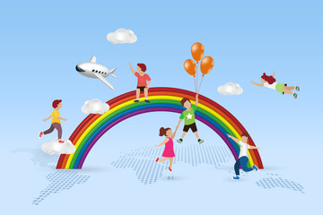 Naklejka premium Kid dream world and entertainment concept. Happy children playing on rainbow, amusement fun park festival flying in sky background. 