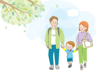 お出かけする3人家族のベクターイラスト素材