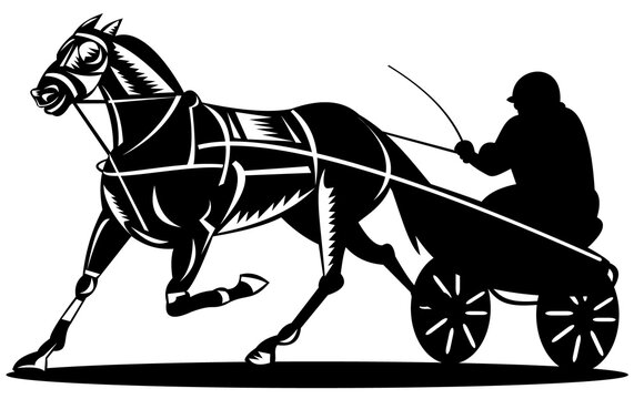 illustration of a horse and jockey harness racing on isolated white background done in retro style.
