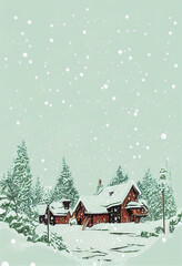 Small village on the snow field near the Christmas tree. Winter season poster card cover wallpaper background.