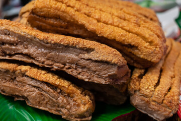  Deep Fried Crispy Streaky Pork Belly Thai. Thai roasted crispy pork, streaky pork.Thai food.