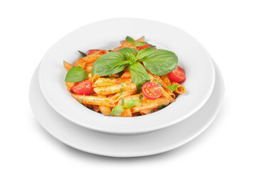 Pasta. Penne Pasta with Bolognese Sauce, Parmesan Cheese and Basil on a Fork. Italian Cuisine. Mediterranean food