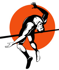 Illustration of a track and field athlete jumping high jump done in retro style.