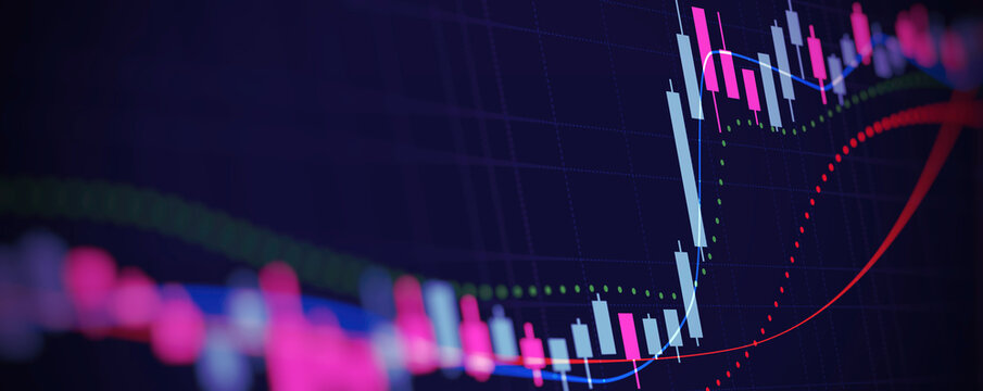 Financial graph with up trend line candlestick chart in stock market on neon color Widescreen background
