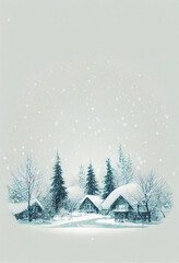 Beautiful landscape graphic design. The village on snow field and Christmas tree. Poster card cover wallpaper background. Winter season.