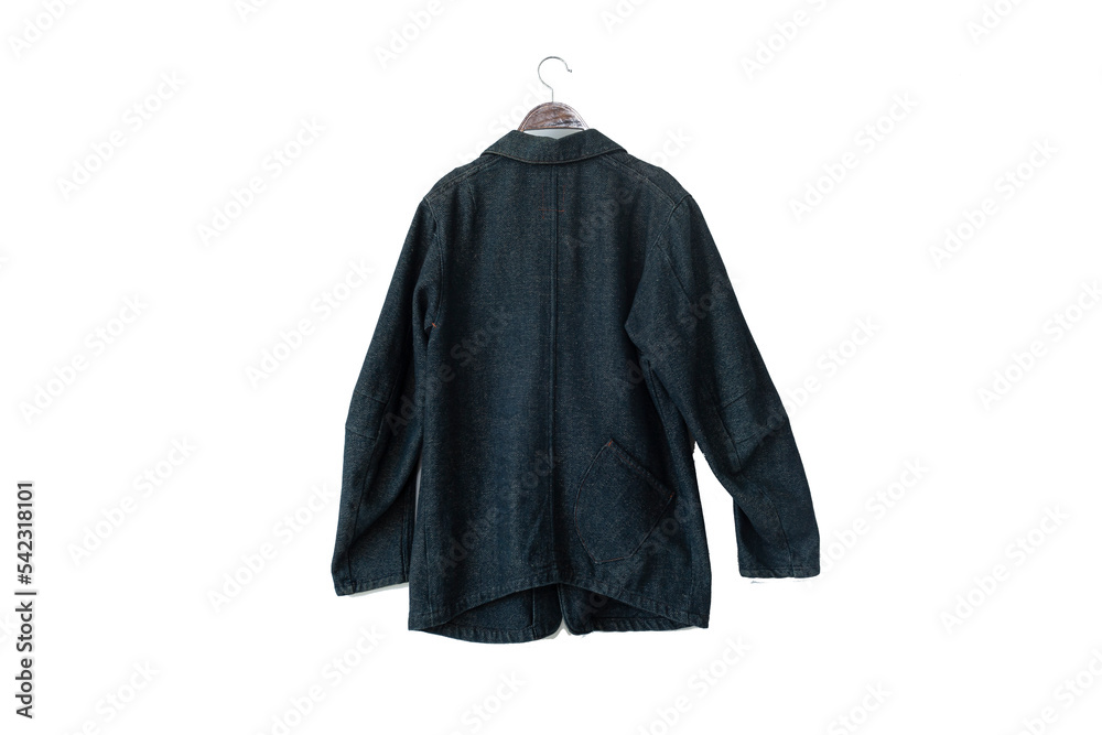 Sticker Blue Sashiko and Boro Embroidered cotton jacket on white background.