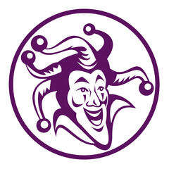 illustration of a jester enclosed in circle on white